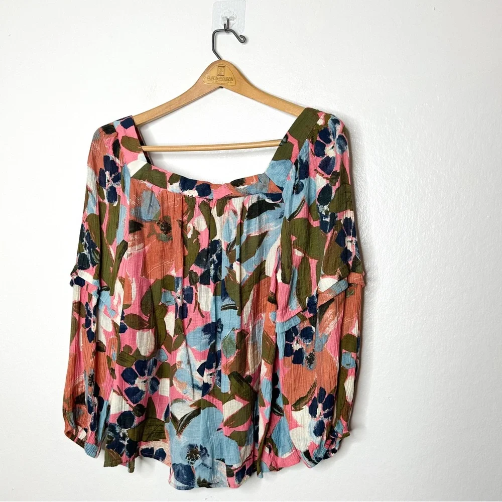 Zac‎ & Rachel Colorful Watercolor Floral Print Square Neck Peasant Blouse Medium